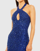 Blue Cross Front Keyhole Top Beaded Fringe Mini Dress